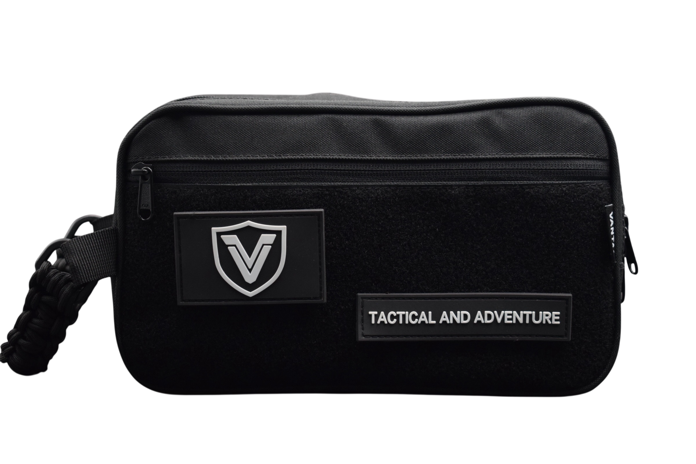 Black tactical pouch with a logo and text on a white background